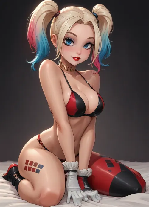 Cutesexyrobutts style, reiq style, (Jack cayless art style), innv style, markgavatino art style, (Harley Quinn:1.7), sexy face, sexy, bikini, on knees, legs spread