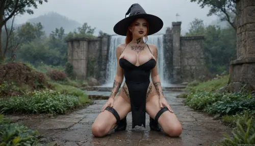 Beautiful face, at a mystical fountain in a green garden at night, foggy, The girl is a busty ginger goth girl witch with red hair, (height 2.2m), she created a beast, she has sex with that beast, sidefuck, lip piercing, smokey eyes, black lipstick, female appearance, she is strong, muscular well trained but still curvy, seducing smile, huge realistic breasts, tight black high slit Slip dress, tugged, nipples visible through dress, many tattoos, nipple piercings, she wears stockings, witch hat, full body shot, under knee high smooth goth plateau boots, ponytail, sweaty skin, 4ng3l face, legs spread, orgasm, her tight skirt is tugged, she, big, igbebe, full, tattoo, w1+ch, deepones, monster, <lora:IG_Babe:2>, <lora:gothboots-000006:2>, <lora:FBT-000002:2>, <lora:Witch_SDXL_r1:1.5>, <lora:PAseer's Cthulhu Mythos SDXL DeepOnes:2>