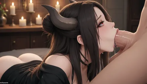 1 girl succubus 28 years old black medium long hair, Cascade hairstyle, bright red eyes, 2 graceful horns curl back, black lipstick, pale face, 1 boy, (big huge cock:1.5), (deepthroat:1.5), throat blowjob, hard deepthroat, all cock in mouth, mouth full, Girl masturbating herself, side view, sitting on knees, blushing, orgasm, ((orgasmic face)), big perfect ass, big elastic boobs, slowly untying, candlelight shadows, very Blushing, Detailed eyes, Detailed face, back tight top, sexy black Stockings, ahegaao, (The girl has a thin black hellish tail), sehele, style, <lora:seheleSDXL:1.6>