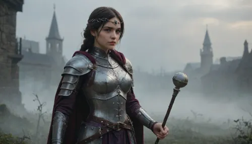 baldurs fate 3 style, shadowheart, black side swept bangs, very long large black braid, wearing purple-black medieval leather armor, black-silver circlet, green eyes, lots of fog, holding a mace