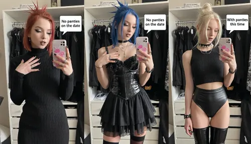 Three pictures side by side. Eye-level view and frontal shot. Selfie taken with a mobile phone through the mirror. Dynamic lighting with drop shadows.

Images of a young woman standing in front of a wardrobe filled with black clothes. She is visible from head to knee. She is a 18-year-old Goth girl with ultra-short hair in a crazy pixie style. She has ultra-short hair in a crazy pixie style. She is a very skinny girl. She has a round face, a small, upturned nose and an innocent look. She has very pale skin. She wears gothic make-up in every picture, black mascara and black lipstick. Her fingernails are black. She wears gothic jewellery and rings. In her hand, she is holding a mobile phone with a pink unicorn on the cover. Her poses and hand gestures are different in every picture. Her hair colour and hairstyle are different in every picture. In each picture, a square speech bubble emanates from the phone containing text in a simple font.

In the first picture on the left, she is wearing a high-necked, long, knitted dress. She has red hair. The text reads, 'No panties on the date'.

In the second picture, in the middle, she is wearing a black patent leather corset, a black chiffon miniskirt and black tights. She has blue hair. The text reads, 'No panties on the date'.

In the third picture on the right, she is wearing a skintight cropped tank top with spaghetti straps, black high-waisted underwear pants and thigh-high latex boots. She has white hair in a bun. The text reads, 'With panties this time'.
