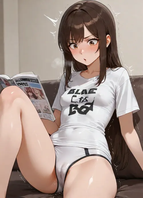woman, straight hair, small breasts, sitting on sofa, reading book, erect nipples, knee up, (too big t-shirt), (cotton sports underwear), orgasm, (trembling:1.4), (moving hips), surprised, (leaking:1.4), cameltoe