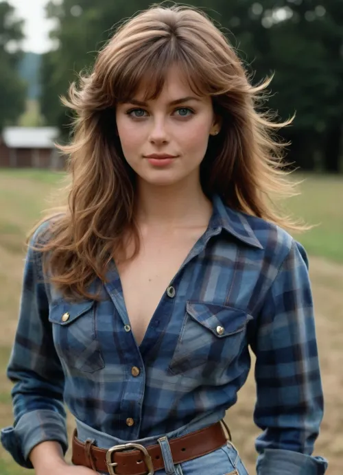 Photograph high angle, full body shot, 20 yr old woman, 1980s iconic feathered hair, massive volume, (medium chestnut brown hair with warm golden tones, heavily layered and teased for big 80s body, signature feathered bangs brushed to the side with soft separation, waist-length and long with flowing movement and slight curls at the ends), feathered back hair, shiny and healthy texture, wind-blown realism.early 20s, fair skin, light freckles across nose, large expressive light grey eyes with cat eye slant and sharp corners, soft smile, natural makeup. Standing on a rural farm, Wearing a Blue plaid shirt unbuttoned over white tank top with low vneck showing off cleavage, she is busty, ultra slim waist and athletic legs in tight jeans, country girl style belt and buckle, 1980's style women's short boots. detailed clothing texture, natural outdoor lighting, 1980s aesthetic, photorealistic, film grain, 85mm lens