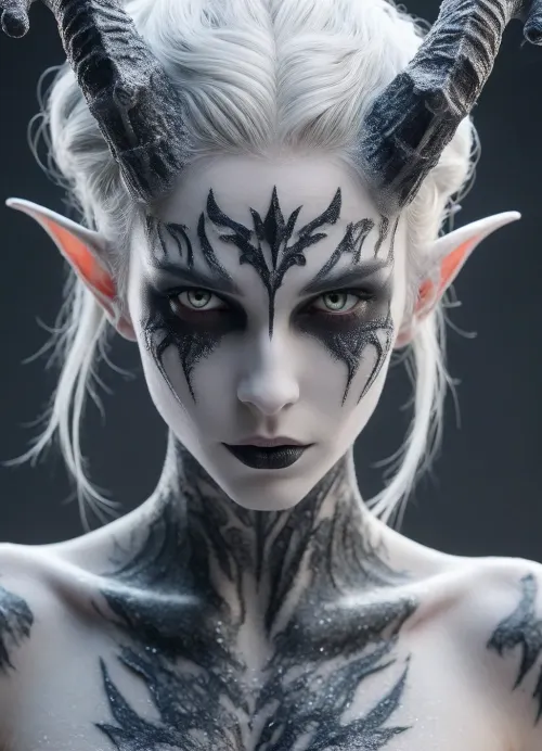 (face close up, portrait:1.2), grey background, a dark demon girl with black horns, (pitch black eyes, cosmic black:1), bright bleach white tips hair, well lit, very skinny, nude, cosmic pattern on skin, FRESHIDEAS, Devil, girl, SnowStyle, <lora:BD1.1-000009:1.7>, <lora:FRESHIDEAS Devil girl:1.9>, <lora:SDXLFestiveSnow:1.2>