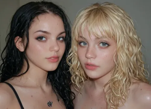 two very cute students, 18 years old girls, very innocent, ((one goth girl and one curly blonde girl)), wet, soaked, wet hair, cum in hair, dark room, extreme detail, Canon EOS 5D Mark II, kodak, flash, photo, <lora:Penis_XL:2>, <lora:xdlx_style:2>, <lora:sdxl_darkflash_v6-000060:2>, alt, fashion, <lora:alt_fashion_v2:.8>, sggirl, emo, tattoo, pale, cold, lighting, blue, hair, red, purple, <lora:SG_emo_girl_SDXL:.8>
