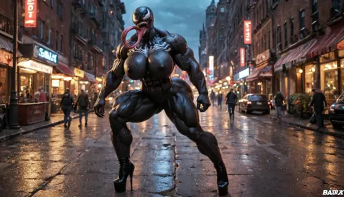 Venom muscular bombshell with a huge veiny muscular, terrifying jaw, long tongue, urban night, terrifying presence, monstrous symbiote, super hyper mega big breasts, abs, MAKEUP, PIERCING, CURVY, GIANT BUTT, huge quads, huge back, huge calves, huge veiny muscles cover her body, amazing muscle tone, <lora:She-Venom-FFusion.LORA:.8>, <lora:Black_Slime_-_Anime:.8>, high, heels, sexy, heel, 15, cm, <lora:High_Heels-000008:.8>, BadX, <lora:detailed_notrigger:.8>