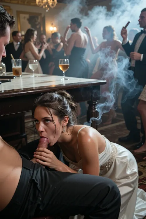 A 20-year-old bridesmaid, (kneels under a table:1.6), (sucks cock of sitting man:1.2), wears an elegant white dress, looking up, sweaty, disheveled hair, fellatio, blowjob, (man looks down to her:1.4), she hides under the table, several drunk party guests dancing in the blurred background, ballroom, shot from above, haze of cigar smoke in the air, filled with dust and smoke, cinematic moody lighting, tense but charismatic atmosphere, crowd, of, people, cloudy, smoke, atmospheric, clouds, fog