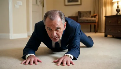 eye contact, 57-year-old sexy daddy on carpet, on all fours, suited, very side view, zoom on face, <lora:VnC_beta:.8>, sex position, mouth open, crawling