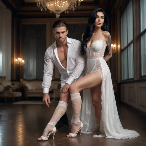 Imagine a woman with long black hair, dressed in a sensual white honeymoon dress, wearing thigh-high lace stockings and white high heels, one of which is a pair of white high heels... This is in a luxurious, dark, dimly lit, celestial glass room at night. A tall, blond, strong man with tattoos is wearing only underwear and an open white dress shirt... Also, switch the positions, the woman with long black hair is crawling towards this man, one hand holding his foot, while she looks up at him, and he looks at her with contempt and disgust.
