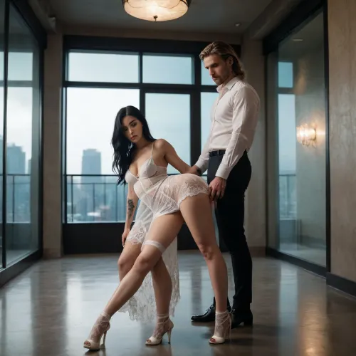 Imagine a woman with long black hair, dressed in a sensual white honeymoon dress, wearing thigh-high lace stockings and white high heels, one of which is a pair of white high heels... This is in a luxurious, dark, dimly lit, celestial glass room at night. A tall, blond, strong man with tattoos is wearing only underwear and an open white dress shirt... Also, switch the positions, the woman with long black hair is crawling towards this man, one hand holding his foot, while she looks up at him, and he looks at her with contempt and disgust.