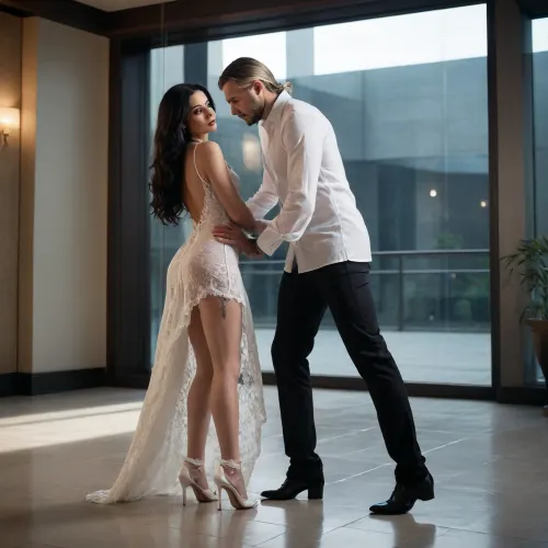 Imagine a woman with long black hair, dressed in a sensual white honeymoon dress, wearing thigh-high lace stockings and white high heels, one of which is a pair of white high heels... This is in a luxurious, dark, dimly lit, celestial glass room at night. A tall, blond, strong man with tattoos is wearing only underwear and an open white dress shirt... Also, switch the positions, the woman with long black hair is crawling towards this man, one hand holding his foot, while she looks up at him, and he looks at her with contempt and disgust.