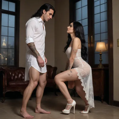 Imagine a woman with long black hair, dressed in a sensual white honeymoon dress, wearing thigh-high lace stockings and white high heels, one of which is a pair of white high heels... This is in a luxurious, dark, dimly lit, celestial glass room at night. A tall, blond, strong man with tattoos is wearing only underwear and an open white dress shirt... Also, switch the positions, the woman with long black hair is crawling towards this man, one hand holding his foot, while she looks up at him, and he looks at her with contempt and disgust.
