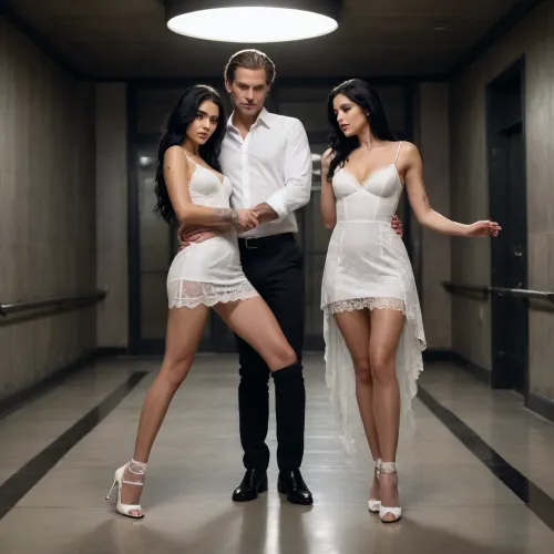 Imagine a woman with long black hair, dressed in a sensual white honeymoon dress, wearing thigh-high lace stockings and white high heels, one of which is a pair of white high heels... This is in a luxurious, dark, dimly lit, celestial glass room at night. A tall, blond, strong man with tattoos is wearing only underwear and an open white dress shirt... Also, switch the positions, the woman with long black hair is crawling towards this man, one hand holding his foot, while she looks up at him, and he looks at her with contempt and disgust.
