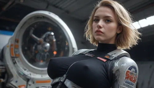 dark sci-fi scene, (wide open industrial space:1.2), (a clothed sexy blonde woman with enormous tits wearing a rugged space travel suit:1.4), (phallic-shaped robotic machines and structures in the background:1.2), (floating chrome robot:1.3), (HR Giger:1)