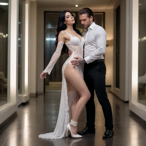 Imagine a woman with long black hair, dressed in a sensual white honeymoon dress, wearing thigh-high lace stockings and white high heels, one of which is a pair of white high heels... This is in a luxurious, dark, dimly lit, celestial glass room at night. A tall, blond, strong man with tattoos is wearing only underwear and an open white dress shirt... Also, switch the positions, the woman with long black hair is crawling towards this man, one hand holding his foot, while she looks up at him, and he looks at her with contempt and disgust.