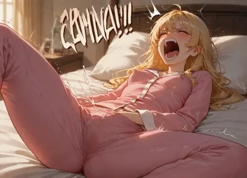 blonde hair, small breasts, erect nipples, wearing long pajamas, on bed, (), legs spread, (hand in pants), leaking, drenched pants, screaming, orgasm, hips up, squirming, sweaten, trembling