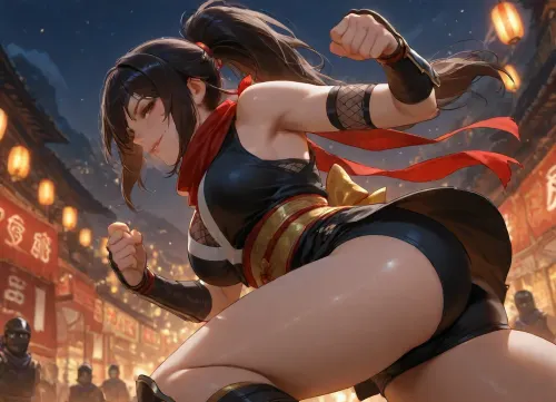 (milf, ninja, medium breasts, smirking), mountain background, low view from side, festival, action pose, upskirt