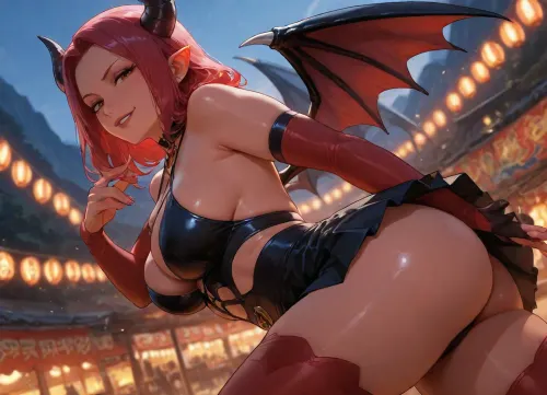 (milf, succubus, medium breasts, smirking), mountain background, low view from side, festival, action pose, upskirt