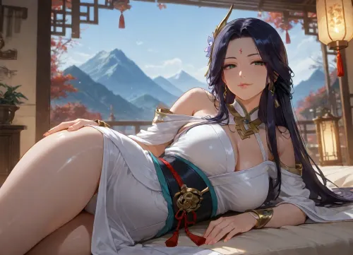 (milf, wuxia, medium breasts, smirking), mountain background, low view from side, lanterns, lying, upskirt