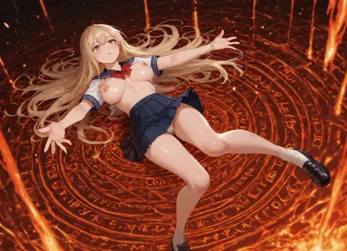 1girl, Japanese model of 21 years old, beautiful face, cute, (headback:.6), look up, curvy, pink nipples, (slim legs, slim thigh, small ass:1.16), (school uniform), long pleats skirt, (She was attacked by magic from another witch and her blouse is tattered torn:1.25), (her uniform jagged and ripped:1.28), big magic circle, bouncing boobs of C-cups, very long straight hair that reached her ass, (white panty:1.12), white socks, black shoes, (very strong upwind:1.2), battlefield of magic fantasy world, front view, spread hands, flying, floating, rising, her body is thrusting upper, supine, lava, <lora:ClearHand-V2:.9>, <lora:Lava:.8>