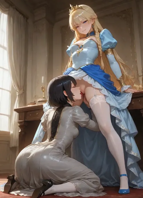 two women, in castle, curtains, desk, ({princess, (blond long braids), small breasts, silk blue royal gown, white stockings, shoes, long sleeves, golden tiara, dry clothes, standing, legs apart}), ({woman, black short hair, plain grey dress, shoes, kneeling, licking princess pussy, cunnilingus})