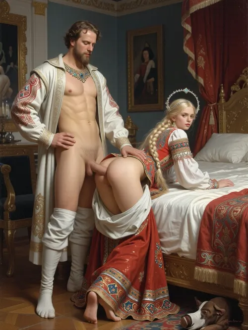Russian Russian artist's painting "False Dmitry I and Tsarevna Xenia Godunova" in the style of the Russian artist Vasnetsov. Russian Russian Tsar Dmitry I, a historical figure who seized power in the Russian Empire, he stands in the royal bedroom of the palace, he is dressed in an open noble caftan of the early 17th century, in front of him stands on all fours at the edge of the royal bed on a very beautiful Russian girl, a princess with a long blond braid, like a Russian princess. A noble girl of the 17th century, richly embroidered Russian sundress, a hoop with precious stones on her head. The hem of her dress is up, (her ass are visible), (the hem of the dress is pulled up:1.5), and he fucks her doggystyle. A submissive submission sex scene doggystyle vaginal sex, (Historical accuracy of outfits:1.8)