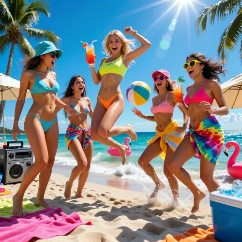 SFW. A wild, high‑energy beach party on a bright, scorching Florida afternoon. The scene is packed with colour, motion, and personality as four to five distinct college‑age women enjoy the sun, surf, and chaos. Everyone is fully dressed in appropriate, stylish beachwear, outfits stay fully in place during movement. Clothing behaves realistically in action, with secure, well‑fitted beachwear and no wardrobe malfunctions. Each woman wears distinct, colourful beachwear such as sporty bikinis, neon crop tops, tie‑dye wraps, sarongs, bucket hats, and retro sunglasses. They move with joyful, carefree energy, one jumping mid‑air with a bright cocktail sloshing in her hand, another dancing with friends in the sand, another laughing as she dodges a flying beach ball, another splashing through shallow surf, another posing with oversized novelty sunglasses and a ridiculous tropical drink. The beach is alive with sound and colour — loud music from a portable speaker, inflatable flamingos drifting in the waves, coolers packed with ice, bright towels scattered across the sand, palm trees swaying in the hot breeze. The midday sun is intense and overhead, casting sharp shadows, bright highlights, and vivid saturated colours. The ocean glitters with blinding reflections, and heat haze shimmers above the sand. Shot in vibrant, high‑contrast, hyper‑realistic summer‑party style, crisp detail, glowing skin tones, dynamic poses, chaotic motion, bright Florida colour palette, 8K clarity, pure midday energy.