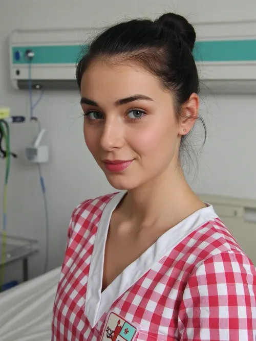 portrait of a 23yo cute czech nurse in a hospital room, dark hair, hairbun, soft makeup