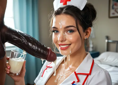 selfie of sexy nurse at bank sperm, (nurse posing front of a huge black penis after cum donation), (long cum strings from the penis:1.2), (holding a transparent cup fulled of realistic cum in her hand:1.3), beautiful face, smiling, cum on face, exciting, deep testicles, man out of frame, hospital room, lora, ratatatat74-000050, .8>, <lora:MJ52:.8>, <lora:cutedoodle_XL-000012:.8>