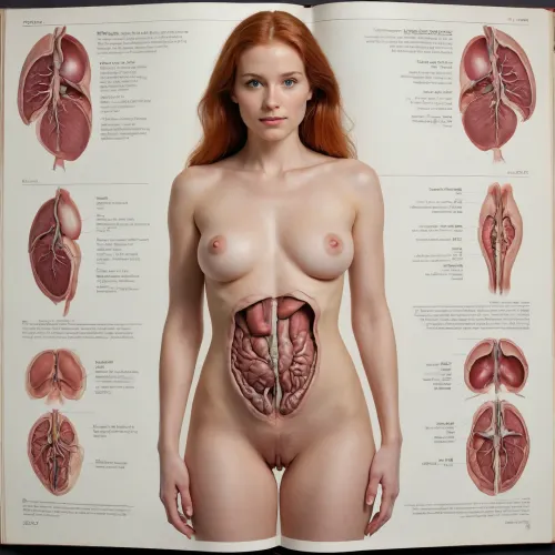 medicine gynocology book double page of a woman with organs, double page, one female per page, redhead caucasian woman, full female body, legs spread, woman showing organs, (heart, lungs, liver, uterus, bladder, colon, blood vessels), descriptions, words, Interresting inside views, medical information, explaining organs and blood vessels, detailed drawings, full body, cut open view, revealing naked breasts, lecture, long labia lips, landing strip, spread open, front and rear view, xray, gynecology, physicist, lexica, medical study, body worlds, detailed face, very detailed, sharp details, showing all body parts including face and feet