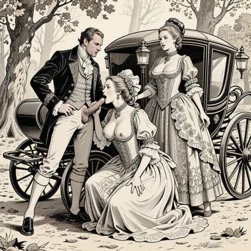 (Line art:2), (ink drawing:2), adult comic. 1man, 2women.

Two wealthy young aristocratic ladies are traveling through a French forest in a stagecoach in autumn around 1780 and are attacked by a low-born ruffian. They are forced to have oral sex with their tormentor and visibly enjoy it. They are wearing opulent baroque dresses and victorian hair, Masterpiece, heavy boobs, blowjob, (girl1 is squatting in front of boy1. Boy1 is standing, cock out. girl1 is performing fellatio on him in front of the stagecoach:2), . girl2 is standing behind girl1, caressing girl1's head.exquisitely detailed faces.correct anatomy, Ink drawing, pen and ink technique, with cross-hatching and line work. Drawn using line drawing and cross-hatching techniques to create volume, depth, and shadows. Drawn on textured patchwork paper. Fine lines and shading are visible throughout the drawing. Pen and ink style. Fine marine ink, fine pen and ink lines, surgical precision strokes in the fine details and firmness in the details of the thicker lines. Creative and precise pen shading, ink drawing. 02-line-art-v, 2, .1>p ²Q, .., line art, Fresh and creative pencil strokes