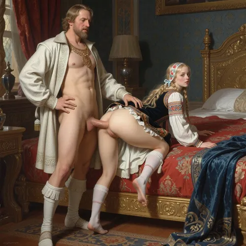 Russian artist's painting "False Dmitry I and Tsarevna Xenia Godunova" in the style of the Russian artist Vasnetsov. Russian Tsar Dmitry I, a historical figure who seized power in the Russian Empire, he stands in the royal bedroom of the palace, he is dressed in an open noble caftan of the early 17th century, in front of him stands on all fours at the edge of the royal bed on a very tall beautiful Russian girl, a princess with a long blond braid, like a Russian princess. A noble girl of the 17th century, richly embroidered Russian sundress, a ribbon on her head. The hem of her dress is up, (her ass are visible), (the hem of the dress is pulled up:1.5), and he fucks her doggystyle. A submissive submission sex scene doggystyle vaginal sex, (Historical accuracy of outfits:1.8)