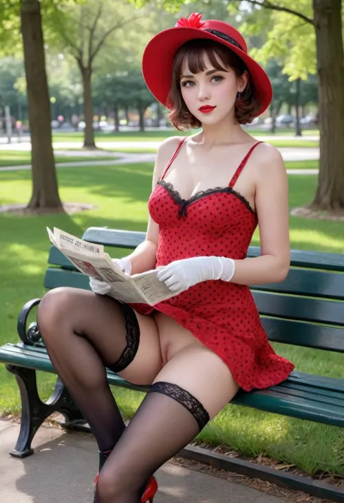 NSFW, Pin-up style 1920's, 60 yo. american woman in red polka dots reading newspaper in living public park, sitting on the bench, wide opened legs, spreaded legs, thin legs, exposed hairy pussy, slim body, long legs, black lace stockings with garter belt, vintage lace gloves, red stiletto heels, lite small sunhat, (spreaded legs for good visible pussy:1.4), (no panties:1.4), very much people around background, <lora:add-detail-xl:2>, <lora:detailed_notrigger:2>, detailxl, skirtlift, <lora:skirtlift_xl:.8>