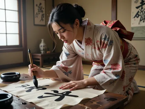 A young, beautiful Japanese woman with delicate features, smooth porcelain skin, and dark hair tied in a neat traditional bun is completely absorbed in the art of calligraphy, (shodo), . She kneels gracefully on the tatami mat in a traditional Japanese room, leaning slightly forward. She wears an exquisite light-colored kimono with large floral patterns, a wide obi, and a decorative bow at the back. In her right hand, she confidently holds a large traditional calligraphy brush, (futofude), dipped in black ink, writing large characters on a long sheet of rice paper lying on a low wooden table, (zakue), . Her left hand gracefully holds the paper. Her face bears a focused, calm, and inspired expression, soft natural light streams in from the shoji window on the left, creating a warm atmosphere. The room features calligraphy scrolls on the walls, an antique vase, a black inkstone, wooden interior elements, tatami mats, and muted beige tones. High detail, realistic texture of the kimono fabric, the sheen of the ink, subtle play of light and shadow, cinematic lighting, an atmosphere of tranquility and traditional Japanese art, photorealistic, masterpiece, best quality.