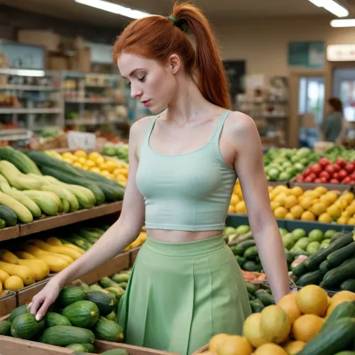 4k, high details picure, high details on face, perfect eyes, slender 25yo woman, working as fruit seller, medium chest, redhead hairs, ponytail, tight light green skirt, bending down, looking down at cucumbers, on a fruit shop