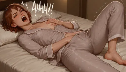 photorealistic, woman, brown short hair, round plain face, freckles, flat chest, short, erect nipples, (unbuttoned grey pajamas), lying on bed covers, (hand in pants:1.3), (hand on breast), (masturbating:1), (drenched pants), (trembling legs:1.1), feet, (screaming:1.2), (), uneasy, eyes closed, sleeping