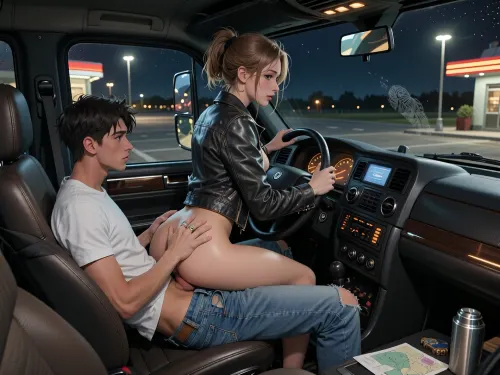 1girl1boy, Anime, classic anime., ((reiq style and Jack cayless art style:1.5)), illustration, sharp clean line art, high-contrast cel-shaded. limited palette, basic flat colours, no grading. Inside the cab of a long‑haul semi‑truck at night, parked up by a diner, a confident female truck driver sits astride the lap of her passenger, a male hitch hiker, who is wearing double denim and a white teeshirt, jeans undone, large erect penis standing proud, entering her vagina. Illuminated by the soft glow of dashboard lights and truckstop lamps. She wears only a worn leather jacket, her hair slightly messy from the road. She faces her lover, her hands on his shoulders, the expression is focused yet peaceful, at one with the moment, fully engaged in the cowgirl sex act. The interior is hyper‑detailed, textured leather seats, chrome accents, illuminated gauges, reflections on the windshield, fingerprints on glass, subtle dust motes floating in the cabin light. Her hands confidently massage her clitoris, rings catching the dashboard glow. A thermos, map, or personal trinket may sit nearby, adding storytelling depth. The atmosphere should feel intimate, warm, and cinematic — a private world within the vastness of the open road.

Anime, Hentai style, nudity, 8K clarity, photorealism, ultra‑sharp focus, cinematic interior lighting, high dynamic range, Flat bright anime colours, no colour grading, storytelling realism, immersive cabin atmosphere.