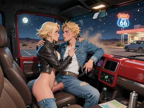 2d_anime_style, retro_shonen_anime_style, city_hunter_inspired, dan_da_dan_energy, flat_shading, cel_shading, bold_lineart, clean_lineart, vibrant_flat_colors, expressive_face, dynamic_pose.

Inside the cab of a long‑haul semi‑truck, parked up in a diner car park, red western star semi truck through window, neon route 66 diner sign glowing, desert night sky, stars visible, soft moonlight, dust in the air, a confident blonde female truck driver sits astride the lap, face to face cowgirl style, of her hitch hiker passenger, a blond male, messy hair, wearing double denim and a white teeshirt, jeans undone, large erect penis entering her vagina, deep in her pussy. Her hands confidently grip his shoulders, She wears only a worn leather jacket, her hair slightly messy from the road. She faces her lover, expression is wide-eyed, flushed cheeks, fully engaged in the sex act. The interior has textured leather seats, chrome accents, illuminated gauges, reflections on the windshield, fingerprints on glass, subtle dust motes floating in the cabin light. A thermos, map, or personal trinket may sit nearby, adding storytelling depth. The atmosphere should feel intimate, warm, and cinematic — a private world within the vastness of the open road.

anime_color_grading, soft_flat_highlights, simple_background_detail, stylized_proportions, smooth_gradients