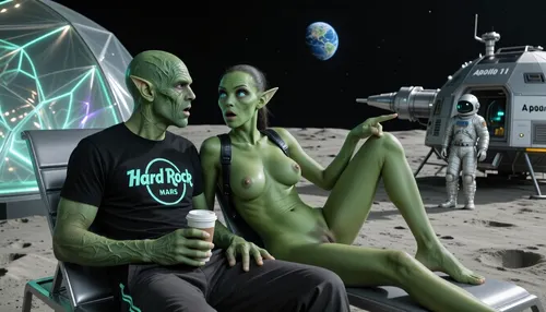 A hyper-realistic, cinematic scene on the Moon’s surface shows a serene alien couple on a futuristic vacation, both identical in appearance, with rich green skin, intricate facial wrinkles, and large, expressive turquoise eyes, their ears pointed and elongated, their entire skin is rich green, both wearing matching casual futuristic outfits, the male wears a black t-shirt with a glowing “Hard Rock Café Mars” logo, he holds a cup of coffee, green skinned, he looks shocked, and the hot naughty green skinned nude female, (she has three detailed tits), opened legs, they sit in sleek, metallic sun loungers, with a shimmering, translucent alien tent next to them, glowing softly with bioluminescent patterns, their green bodies are slightly forward as they look at each other in shock, female pointed over her shoulder at the distant human spacecraft, which rests about 60 to 70 meters behind them, the astronaut emerges from the iconic Apollo 11 lunar module, with printed letters "Apollo 11", a small but highly detailed figure, capturing the historic 1969 moon landing, the Earth appears in the background as a small, vibrant blue orb, floating in the dark sky, the lunar ground is fine dust, marked by subtle footprints, the lighting is soft and natural, casting long shadows, and the composition divides clearly, with the alien couple on the left, gazing to the right, where the spacecraft lies deep in the frame, the Earth above them is a constant reminder of home, and the scene evokes the historic Apollo mission, blending wonder, history, and alien curiosity in a perfect, timeless snapshot of discovery