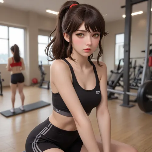 amber from genshin impact dross style girl, 18 years old, Russian, beautiful face, (brown hair), big lips, straight smooth hair, looks erotic, girl in the gym, in the gym, (abundant makeup:1.1), tight black short pants, sports top, photorealism, studio lighting, soft shadows, best quality, top model with long legs, noticeable abs, (hair gathered in a ponytail:1.2), curls fall in strands on the face, bangs on the face, S247_JuliaDamia, tifkeller, seph0ra