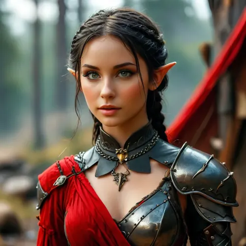 dark-fantasy, female elf knight, 20y old, (pointy elf ears:1.2), deep black braided hair, battle-ready armor, determined stance, natural beauty, dynamic, /KlTTY-ART/, <lora:COMFYUI_mimic_landscape_-_XL_SDXL v2.0:.7>, full body view, <lora:attractive_notrigger:.8>, <lora:PerfectEyesXL:.6>, <lora:MJ52:1>, pearl necklace, red fabric under armor, red detail on armor, looking sideways off camera, flat chest