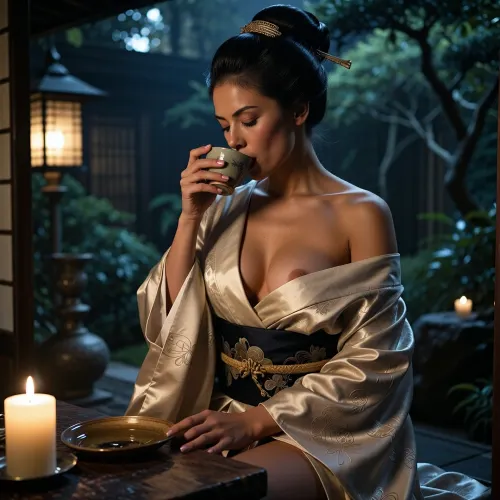 sensual japanese geisha drinking tea in a secluded garden, partially loosened silk kimono, soft candlelight, elegant posture, cinematic intimacy, atmospheric shadows, refined eroticism