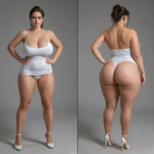 Sexy adult realistic illustration of a sultry, Voluptuous young woman, Photorealistic diptych portrait of the same curvy woman in, (two panels side-by-side:1.3), against a seamless studio background separated by a thin vertical gap, left panel full-frontal view, right panel full-back view, model wearing a form-fitting, (red:1.3), micro mini bodycon dress with deep V neckline, (large cleavage:1.3), (hyper erect nipples:1.3), in front and low scoop back, white high heels, left pose, confident stance, one hand on hip, other hand lightly touching collarbone, soft natural expression, subtle makeup, loose bangs framing face, right pose, hands on hips, hair pulled into a mid-height ponytail revealing back, weight shifted to one leg, even soft studio lighting, clean soft shadows, high detail skin texture, realistic cloth folds, accurate anatomy and proportions, cinematic color grading, ultra-detailed 4k photoreal, crisp edges, neutral tones, minimal post-processing., (detailed skin texture:1.2), soft expression, massive underbutt, (curvaceous body type:1.3), (huge round ass:1.3), (massive round ass:1.3), (bulging bubble butt:1.3), cleft ass, deep buttcrack, (suggestive pose:1.3), (8k, ultra sharp, professional), <lora:bottomheavy_v1_sdxl_LoRA:2>, <lora:BodyLicious:2>, <lora:4panel:.8>