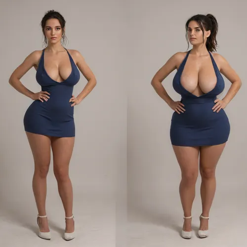 Sexy adult realistic illustration of a sultry, Voluptuous young woman, Photorealistic diptych portrait of the same curvy woman in, (two panels side-by-side:1.3), against a seamless studio background separated by a thin vertical gap, left panel full-frontal view, right panel full-back view, model wearing a form-fitting, (red:1.3), micro mini bodycon dress with deep V neckline, (large cleavage:1.3), (hyper erect nipples:1.3), in front and low scoop back, white high heels, left pose, confident stance, one hand on hip, other hand lightly touching collarbone, soft natural expression, subtle makeup, loose bangs framing face, right pose, hands on hips, hair pulled into a mid-height ponytail revealing back, weight shifted to one leg, even soft studio lighting, clean soft shadows, high detail skin texture, realistic cloth folds, accurate anatomy and proportions, cinematic color grading, ultra-detailed 4k photoreal, crisp edges, neutral tones, minimal post-processing., (detailed skin texture:1.2), soft expression, massive underbutt, (curvaceous body type:1.3), (huge round ass:1.3), (massive round ass:1.3), (bulging bubble butt:1.3), cleft ass, deep buttcrack, (suggestive pose:1.3), (8k, ultra sharp, professional), <lora:bottomheavy_v1_sdxl_LoRA:2>, <lora:BodyLicious:2>, <lora:4panel:.8>