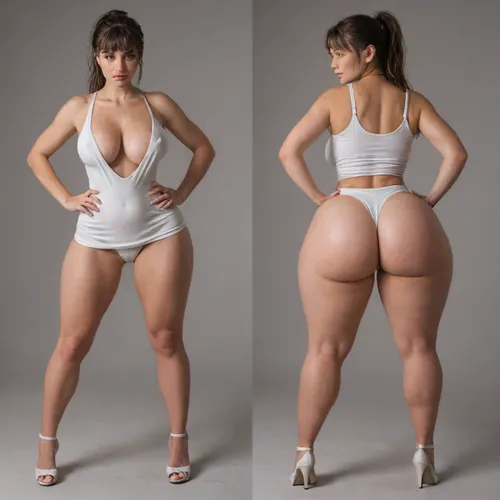 Sexy adult realistic illustration of a sultry, Voluptuous young woman, Photorealistic diptych portrait of the same curvy woman in, (two panels side-by-side:1.3), against a seamless studio background separated by a thin vertical gap, left panel full-frontal view, right panel full-back view, model wearing a form-fitting, (red:1.3), micro mini bodycon dress with deep V neckline, (large cleavage:1.3), (hyper erect nipples:1.3), in front and low scoop back, white high heels, left pose, confident stance, one hand on hip, other hand lightly touching collarbone, soft natural expression, subtle makeup, loose bangs framing face, right pose, hands on hips, hair pulled into a mid-height ponytail revealing back, weight shifted to one leg, even soft studio lighting, clean soft shadows, high detail skin texture, realistic cloth folds, accurate anatomy and proportions, cinematic color grading, ultra-detailed 4k photoreal, crisp edges, neutral tones, minimal post-processing., (detailed skin texture:1.2), soft expression, massive underbutt, (curvaceous body type:1.3), (huge round ass:1.3), (massive round ass:1.3), (bulging bubble butt:1.3), cleft ass, deep buttcrack, (suggestive pose:1.3), (8k, ultra sharp, professional), <lora:bottomheavy_v1_sdxl_LoRA:2>, <lora:BodyLicious:2>, <lora:4panel:.8>