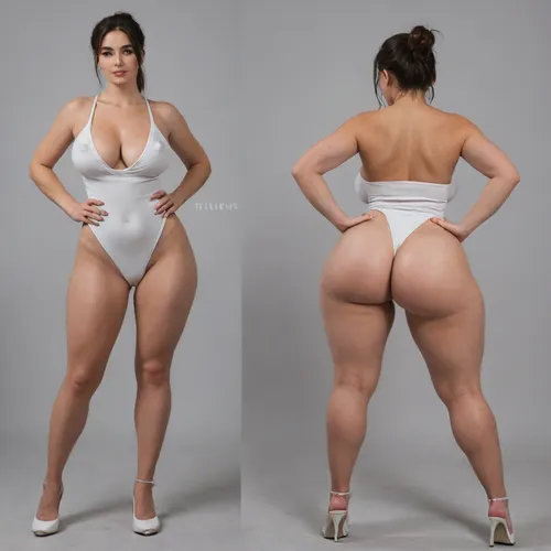 Sexy adult realistic illustration of a sultry, Voluptuous young woman, Photorealistic diptych portrait of the same curvy woman in, (two panels side-by-side:1.3), against a seamless studio background separated by a thin vertical gap, left panel full-frontal view, right panel full-back view, model wearing a form-fitting, (red:1.3), micro mini bodycon dress with deep V neckline, (large cleavage:1.3), (hyper erect nipples:1.3), in front and low scoop back, white high heels, left pose, confident stance, one hand on hip, other hand lightly touching collarbone, soft natural expression, subtle makeup, loose bangs framing face, right pose, hands on hips, hair pulled into a mid-height ponytail revealing back, weight shifted to one leg, even soft studio lighting, clean soft shadows, high detail skin texture, realistic cloth folds, accurate anatomy and proportions, cinematic color grading, ultra-detailed 4k photoreal, crisp edges, neutral tones, minimal post-processing., (detailed skin texture:1.2), soft expression, massive underbutt, (curvaceous body type:1.3), (huge round ass:1.3), (massive round ass:1.3), (bulging bubble butt:1.3), cleft ass, deep buttcrack, (suggestive pose:1.3), (8k, ultra sharp, professional), <lora:bottomheavy_v1_sdxl_LoRA:2>, <lora:BodyLicious:2>, <lora:4panel:.8>
