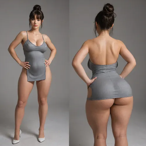 Sexy adult realistic illustration of a sultry, Voluptuous young woman, Photorealistic diptych portrait of the same curvy woman in, (two panels side-by-side:1.3), against a seamless studio background separated by a thin vertical gap, left panel full-frontal view, right panel full-back view, model wearing a form-fitting, (red:1.3), micro mini bodycon dress with deep V neckline, (large cleavage:1.3), (hyper erect nipples:1.3), in front and low scoop back, white high heels, left pose, confident stance, one hand on hip, other hand lightly touching collarbone, soft natural expression, subtle makeup, loose bangs framing face, right pose, hands on hips, hair pulled into a mid-height ponytail revealing back, weight shifted to one leg, even soft studio lighting, clean soft shadows, high detail skin texture, realistic cloth folds, accurate anatomy and proportions, cinematic color grading, ultra-detailed 4k photoreal, crisp edges, neutral tones, minimal post-processing., (detailed skin texture:1.2), soft expression, massive underbutt, (curvaceous body type:1.3), (huge round ass:1.3), (massive round ass:1.3), (bulging bubble butt:1.3), cleft ass, deep buttcrack, (suggestive pose:1.3), (8k, ultra sharp, professional), <lora:bottomheavy_v1_sdxl_LoRA:2>, <lora:BodyLicious:2>, <lora:4panel:.8>