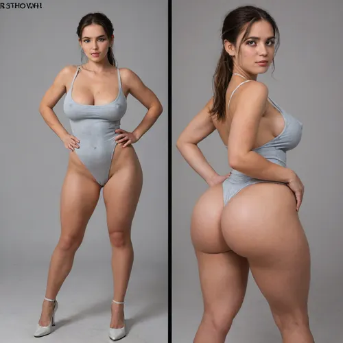 Sexy adult realistic illustration of a sultry, Voluptuous young woman, Photorealistic diptych portrait of the same curvy woman in, (two panels side-by-side:1.3), against a seamless studio background separated by a thin vertical gap, left panel full-frontal view, right panel full-back view, model wearing a form-fitting, (red:1.3), micro mini bodycon dress with deep V neckline, (large cleavage:1.3), (hyper erect nipples:1.3), in front and low scoop back, white high heels, left pose, confident stance, one hand on hip, other hand lightly touching collarbone, soft natural expression, subtle makeup, loose bangs framing face, right pose, hands on hips, hair pulled into a mid-height ponytail revealing back, weight shifted to one leg, even soft studio lighting, clean soft shadows, high detail skin texture, realistic cloth folds, accurate anatomy and proportions, cinematic color grading, ultra-detailed 4k photoreal, crisp edges, neutral tones, minimal post-processing., (detailed skin texture:1.2), soft expression, massive underbutt, (curvaceous body type:1.3), (huge round ass:1.3), (massive round ass:1.3), (bulging bubble butt:1.3), cleft ass, deep buttcrack, (suggestive pose:1.3), (8k, ultra sharp, professional), <lora:bottomheavy_v1_sdxl_LoRA:2>, <lora:BodyLicious:2>, <lora:4panel:.8>