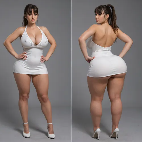 Sexy adult realistic illustration of a sultry, Voluptuous young woman, Photorealistic diptych portrait of the same curvy woman in, (two panels side-by-side:1.3), against a seamless studio background separated by a thin vertical gap, left panel full-frontal view, right panel full-back view, model wearing a form-fitting, (red:1.3), micro mini bodycon dress with deep V neckline, (large cleavage:1.3), (hyper erect nipples:1.3), in front and low scoop back, white high heels, left pose, confident stance, one hand on hip, other hand lightly touching collarbone, soft natural expression, subtle makeup, loose bangs framing face, right pose, hands on hips, hair pulled into a mid-height ponytail revealing back, weight shifted to one leg, even soft studio lighting, clean soft shadows, high detail skin texture, realistic cloth folds, accurate anatomy and proportions, cinematic color grading, ultra-detailed 4k photoreal, crisp edges, neutral tones, minimal post-processing., (detailed skin texture:1.2), soft expression, massive underbutt, (curvaceous body type:1.3), (huge round ass:1.3), (massive round ass:1.3), (bulging bubble butt:1.3), cleft ass, deep buttcrack, (suggestive pose:1.3), (8k, ultra sharp, professional), <lora:bottomheavy_v1_sdxl_LoRA:2>, <lora:BodyLicious:2>, <lora:4panel:.8>