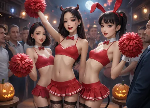 Reiq style. A playful group photo of several 18-year-old girls at a Halloween party. British girls. Each girl is dressed in sexy Halloween costumes with fishnet stockings—, (skinny:1.6), (one as a sexy nurse in white), (another as a sexy cop in blue), (and a sexy french maid in black and white), (and a devil in red with devil horns), (and a cheerleader in pink with pompoms), (and a bunny in black with fluffy ears and a tail), and other Halloween teamed costumes. They have heavy make up with lipstick, mascara and eyeshadow. They are dancing in a crowd, mischievous grins, drunk, sexy, teasing, seductive, spooky. The setting is a party in a big mansion, dark room with flashing lights, and a dj at a dj booth in the background. colorful Halloween decorations—pumpkins, ghost banners, and spiderwebs—are scattered in the background. The camera captures them from a slightly tilted angle, spooky aesthetic, sensual and vibrant. The bright lighting enhances their vibrant costumes and creates a steamy, sexy atmosphere. Orgy, sex party, erotic, pornographic, seductive pose, <lora:ahxl_v1:.8>